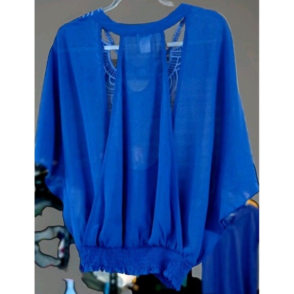 Charming Charlie Women's M Royal Blue Embroidered Blouse Semi Sheer Boho Chic - Picture 5 of 8